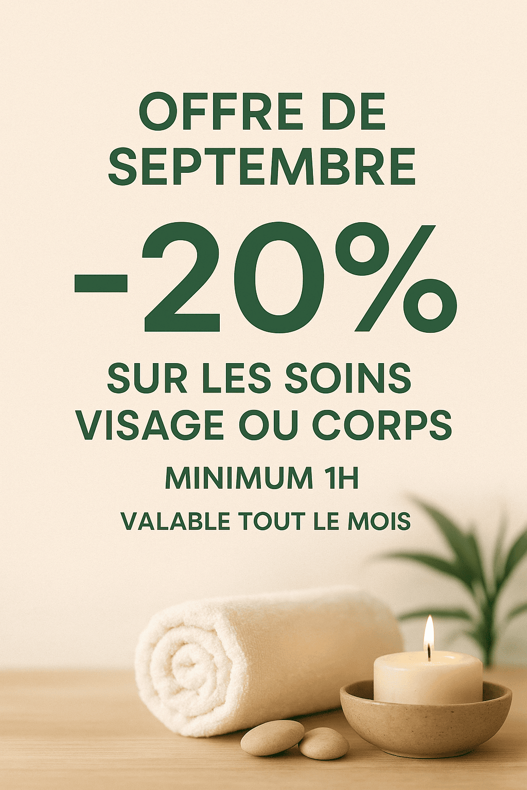 Offre de septembre : -20% sur les soins visage ou corps, minimum 1h valable tout le mois