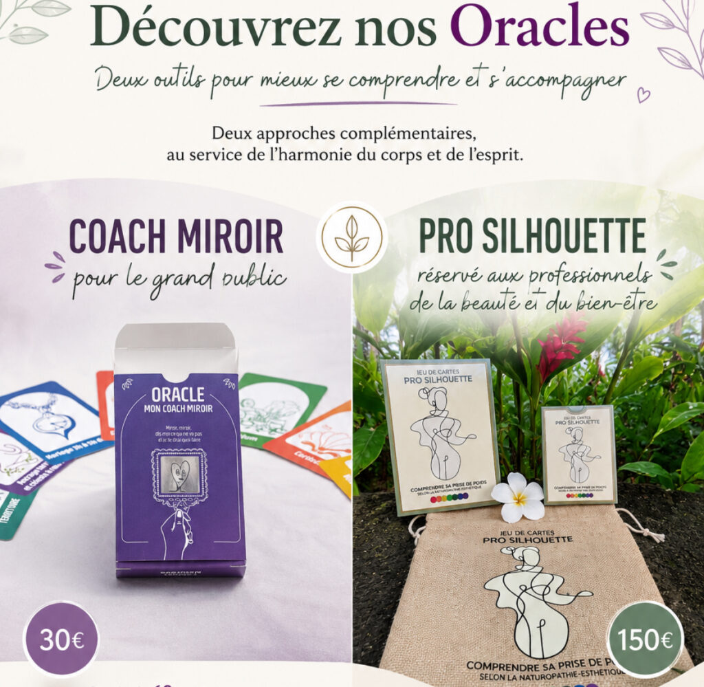 Découvrez nos Oracles : Deux outils pour mieux se comprendre et s'accompagner. Deux approches complémentaires au service de l'harmonie du corps et de l'esprit : Coach Miroir et Pro Silhouette